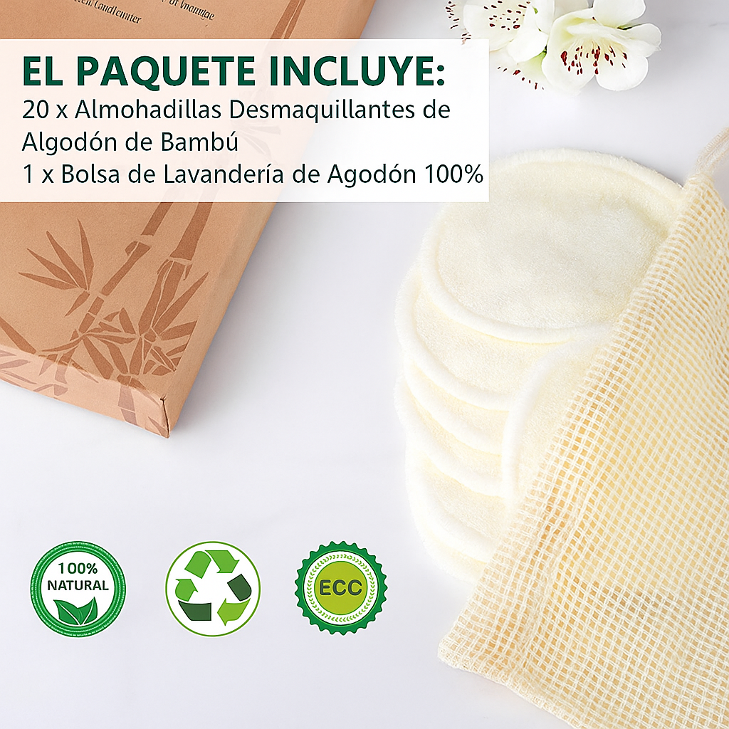 Elsaïa – Discos Desmaquillantes Reutilizables de Bambú (20 uds + Bolsa de Lavado)